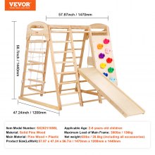 VEVOR Indoor Jungle Gym, 7-in-1 Toddler Indoor Playground, Wooden Toddler Climbing Toys Indoor with Wood & Rope Ladder, Net Ladder, Swing, Monkey Bar, Slide, Climbing Wall, 47.2 x 58 x 56in