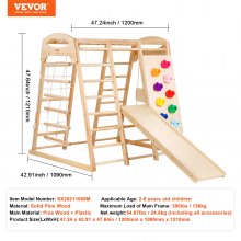 VEVOR Indoor Jungle Gym, 7-in-1 Toddler Indoor Playground, Wooden Toddler Climbing Toys Indoor with Wood & Rope Ladder, Net Ladder, Swing, Monkey Bar, Slide, Climbing Wall, 43 x 47.2 x 47in