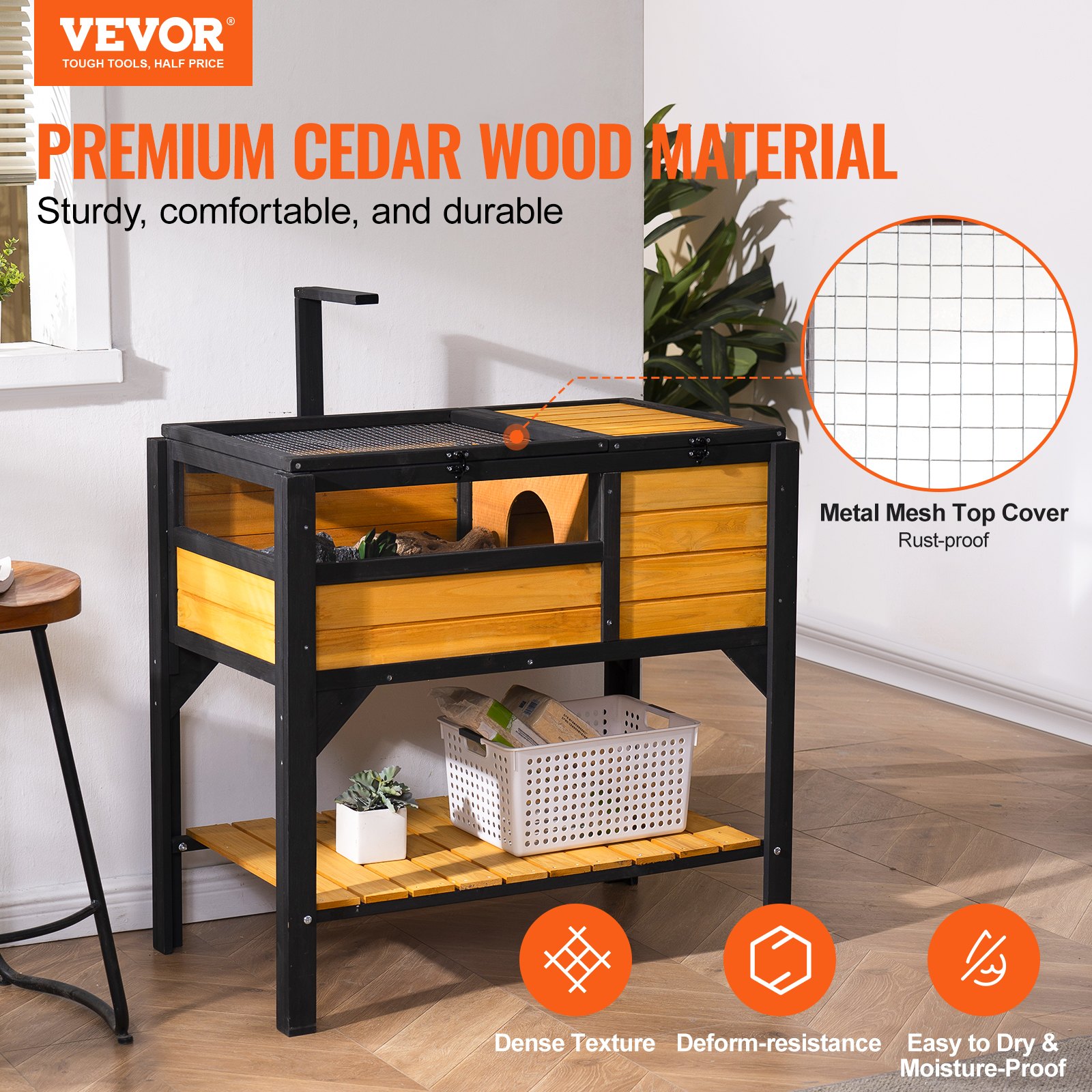 VEVOR Tortoise Habitat, Wooden Tortoise House Indoor & Outdoor, Tortoise Enclosure with Light Stand, Reptile Enclosure Small Animal Cage with Stand Legs for Gecko, Lizard, Snake