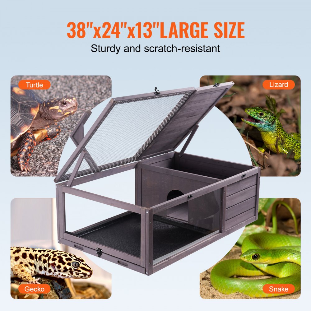 VEVOR Tortoise Habitat, Wooden Tortoise House Indoor & Outdoor, Tortoise Enclosure with Hanging Light Stand, 2-Room Reptile Enclosure Small Animal Cage for Gecko, Lizard, Snake 38 x24 x13 inch