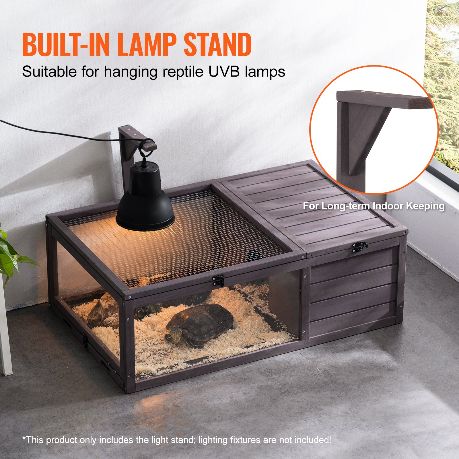 VEVOR Tortoise Habitat, Wooden Tortoise House Indoor & Outdoor, Tortoise Enclosure with Hanging Light Stand, 2-Room Reptile Enclosure Small Animal Cage for Gecko, Lizard, Snake 38 x24 x13 inch