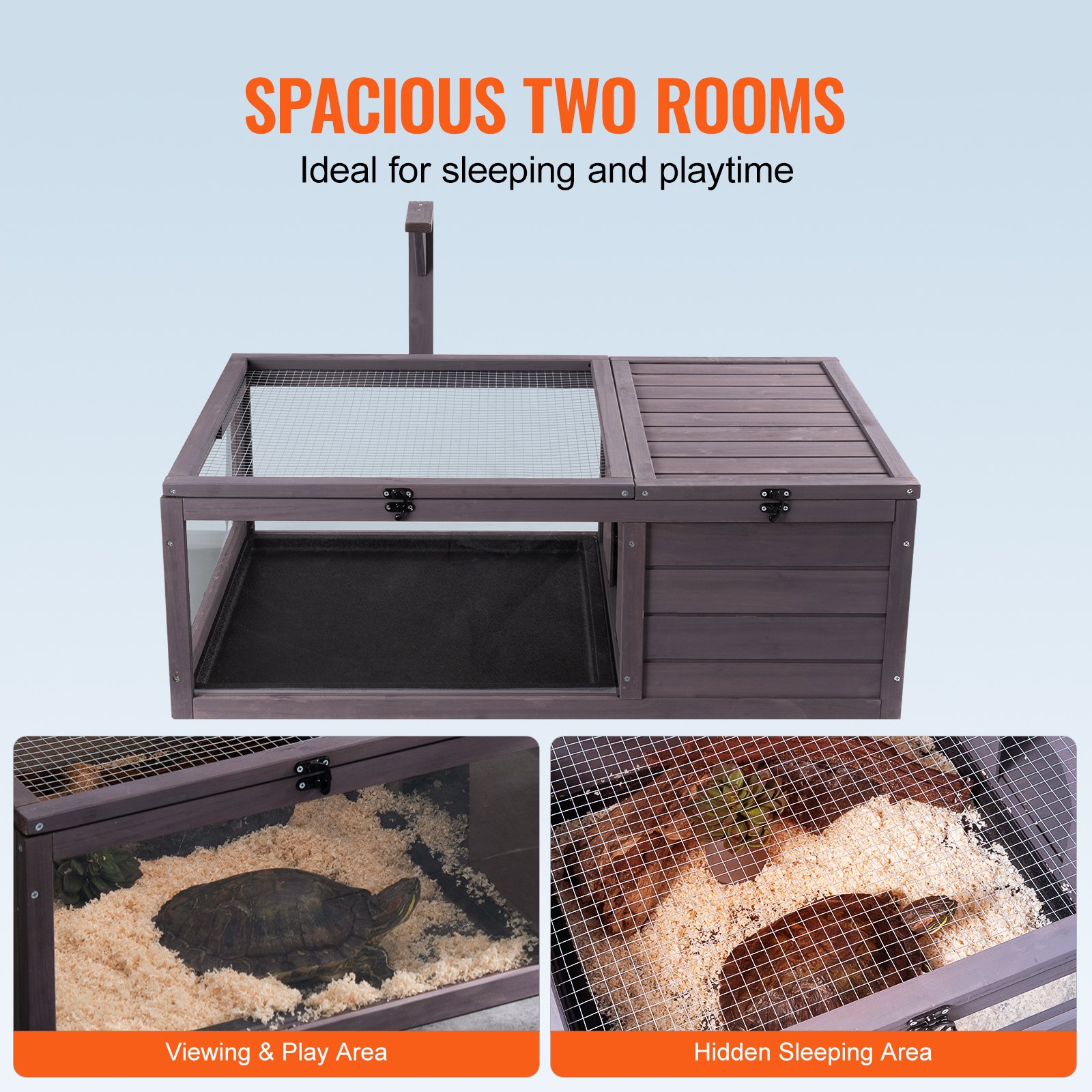 VEVOR Tortoise Habitat, Wooden Tortoise House Indoor & Outdoor, Tortoise Enclosure with Hanging Light Stand, 2-Room Reptile Enclosure Small Animal Cage for Gecko, Lizard, Snake 38 x24 x13 inch