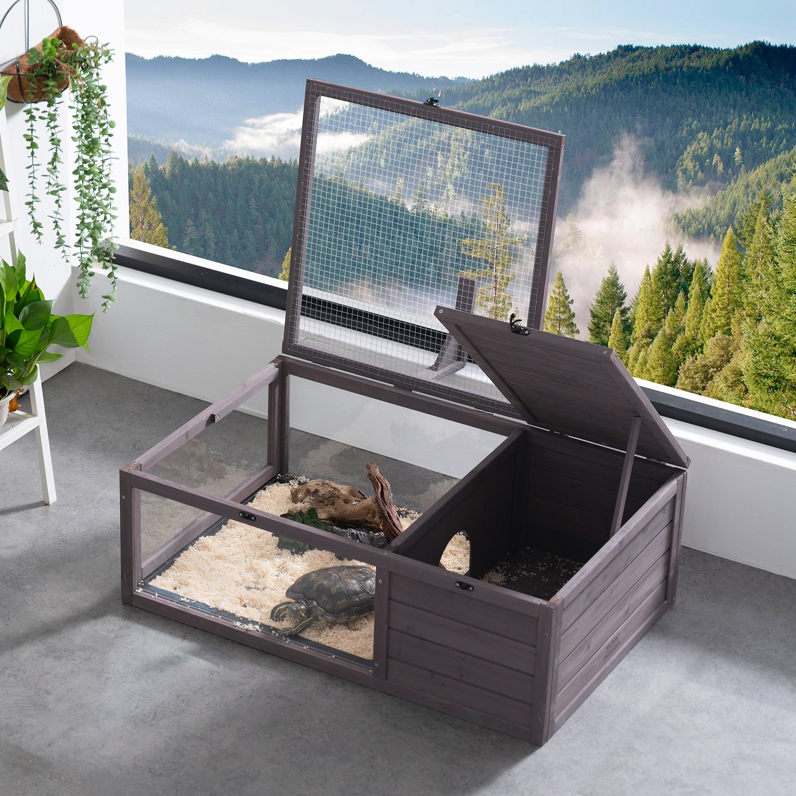 VEVOR Tortoise Habitat, Wooden Tortoise House Indoor & Outdoor, Tortoise Enclosure with Hanging Light Stand, 2-Room Reptile Enclosure Small Animal Cage for Gecko, Lizard, Snake 38 x24 x13 inch