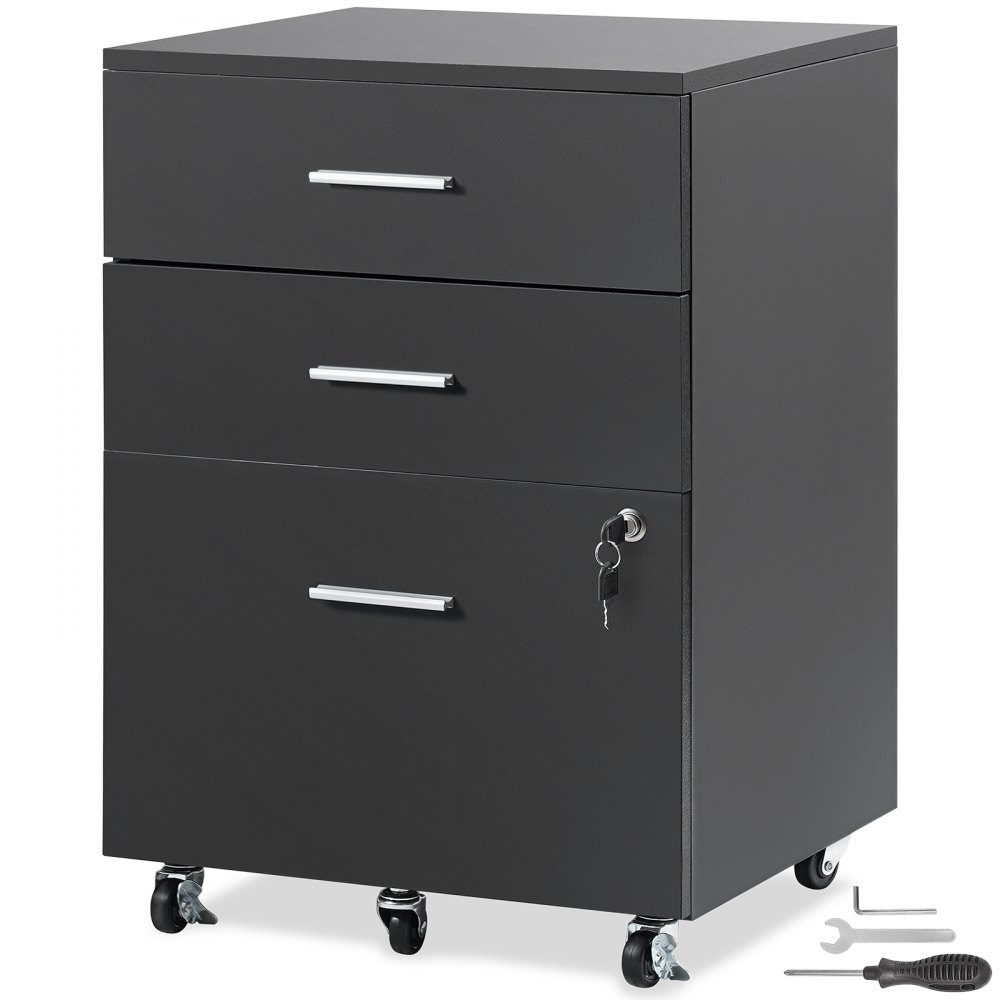 Armário de arquivo VEVOR, armário de arquivo de madeira com 3 gavetas, armário de escritório com trava para tamanho carta/A4, armário de arquivo com 5 rodas para escritório doméstico, preto