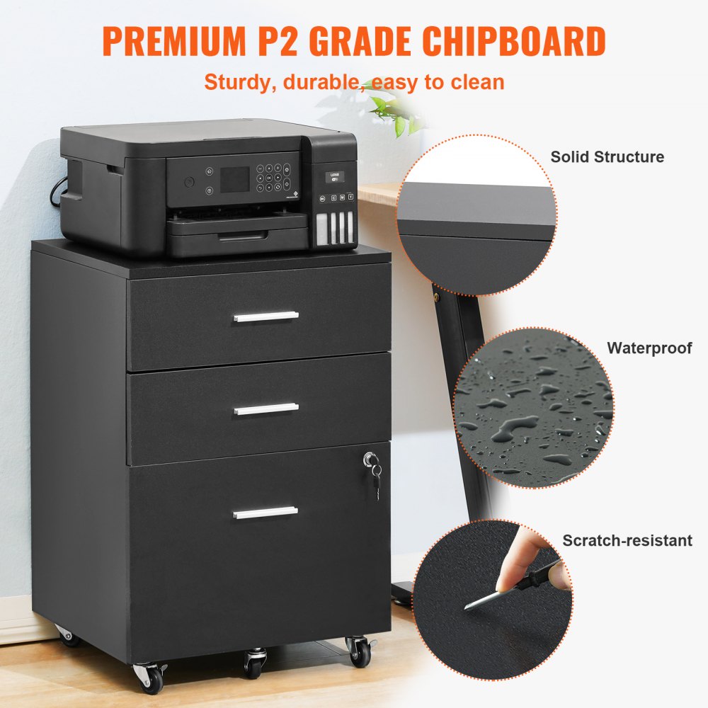 VEVOR 3-Drawer Wood File Cabinet, under Desk File Cabinet for Letter/A4 Size, Mobile Filing Cabinet Printer Stand with Lock and Hanging Rail for Home Office, Black