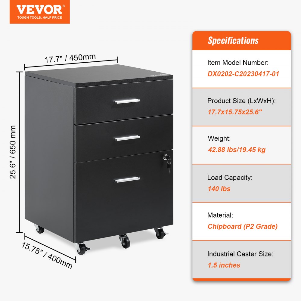 VEVOR 3-Drawer Wood File Cabinet, under Desk File Cabinet for Letter/A4 Size, Mobile Filing Cabinet Printer Stand with Lock and Hanging Rail for Home Office, Black