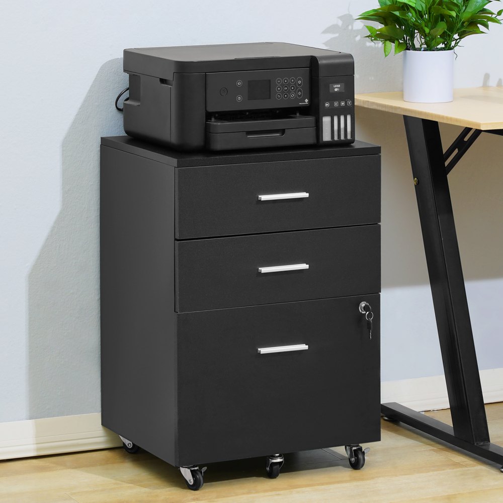 VEVOR 3-Drawer Wood File Cabinet, under Desk File Cabinet for Letter/A4 Size, Mobile Filing Cabinet Printer Stand with Lock and Hanging Rail for Home Office, Black