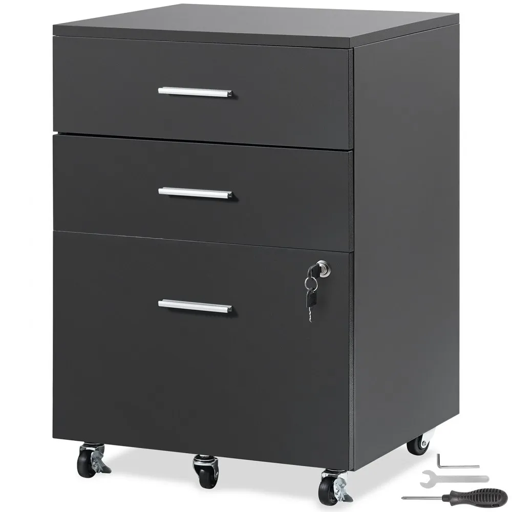 VEVOR File Cabinet, 3-Drawer Wood Filing Cabinet, Locking Office Cabinet for Letter/A4 Size, File Cabinet with 5 Wheels for Home Office, Black