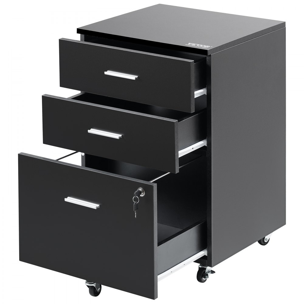 VEVOR 3-Drawer Wood File Cabinet, under Desk File Cabinet for Letter/A4 Size, Mobile Filing Cabinet Printer Stand with Lock and Hanging Rail for Home Office, Black