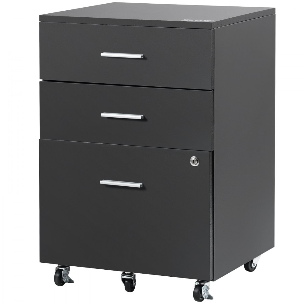 VEVOR 3-Drawer Wood File Cabinet, under Desk File Cabinet for Letter/A4 Size, Mobile Filing Cabinet Printer Stand with Lock and Hanging Rail for Home Office, Black