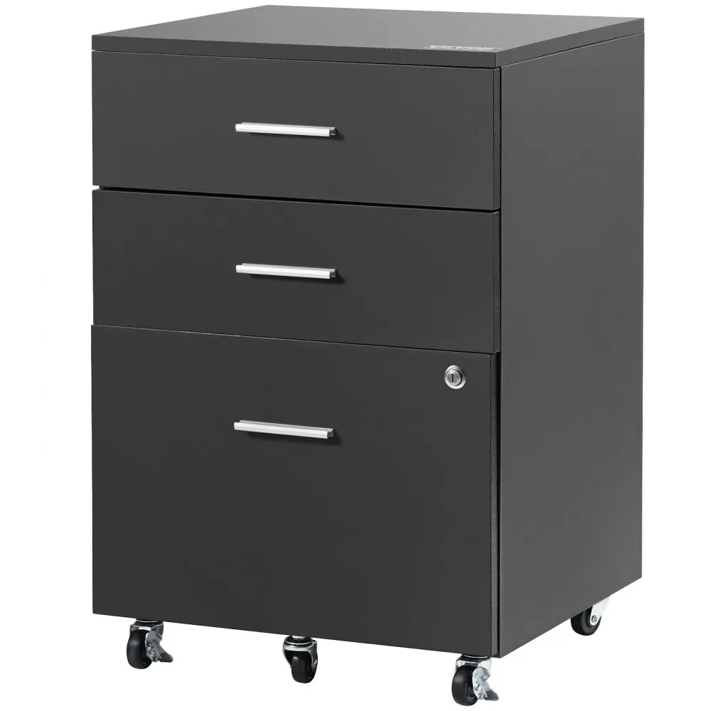 VEVOR File Cabinet, 3-Drawer Wood Filing Cabinet, Locking Office Cabinet for Letter/A4 Size, File Cabinet with 5 Wheels for Home Office, Black