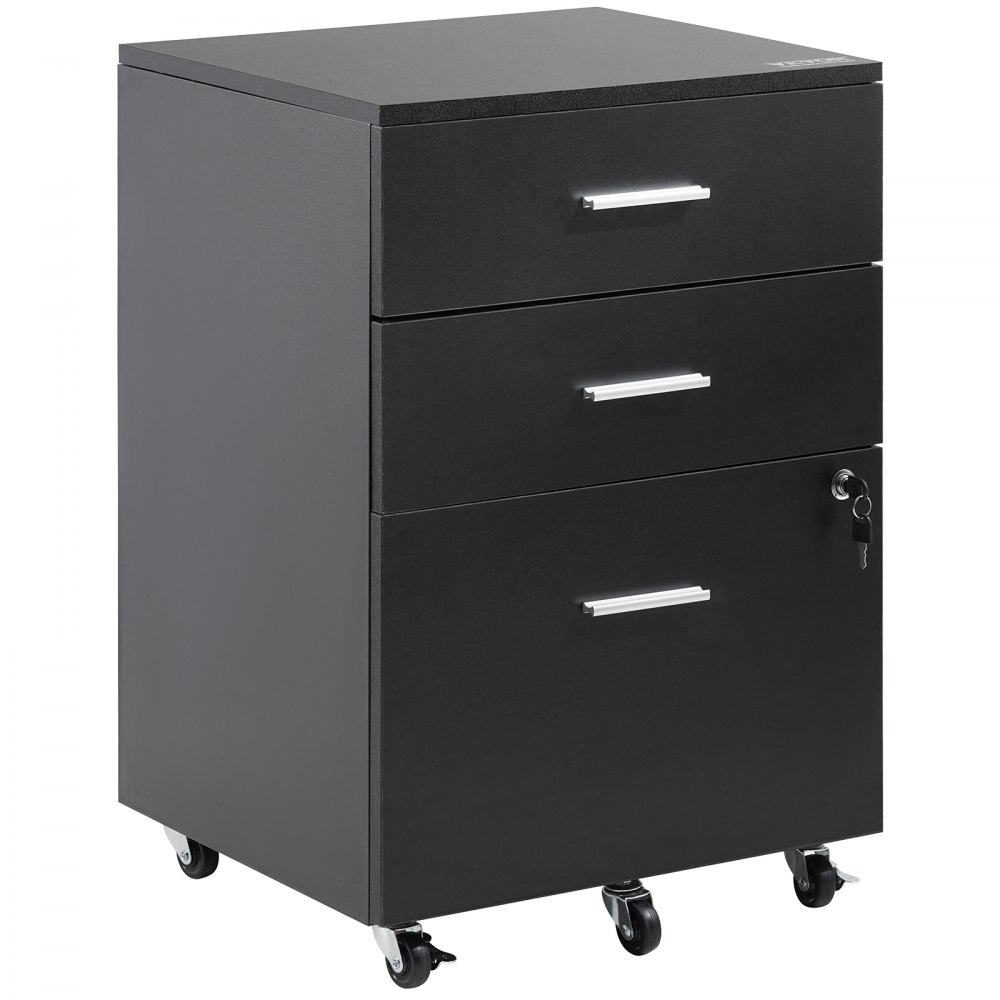 VEVOR 3-Drawer Wood File Cabinet, under Desk File Cabinet for Letter/A4 Size, Mobile Filing Cabinet Printer Stand with Lock and Hanging Rail for Home Office, Black