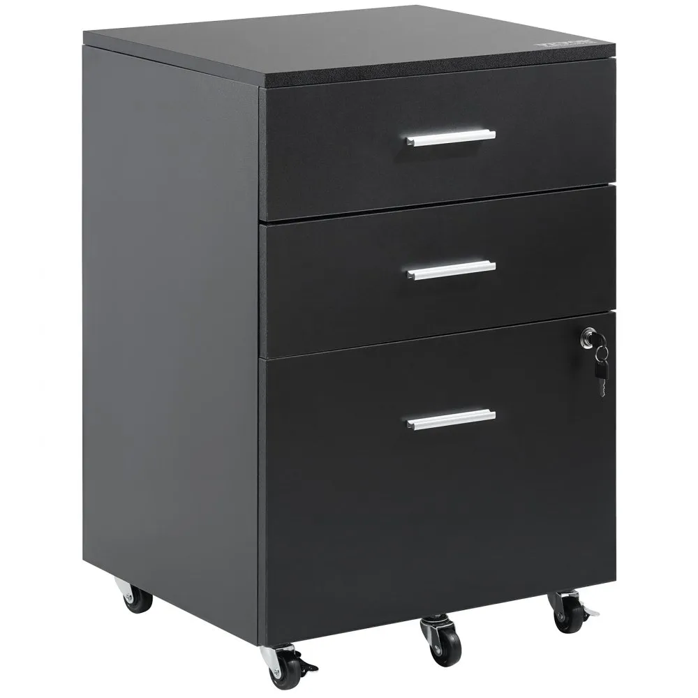 VEVOR File Cabinet, 3-Drawer Wood Filing Cabinet, Locking Office Cabinet for Letter/A4 Size, File Cabinet with 5 Wheels for Home Office, Black
