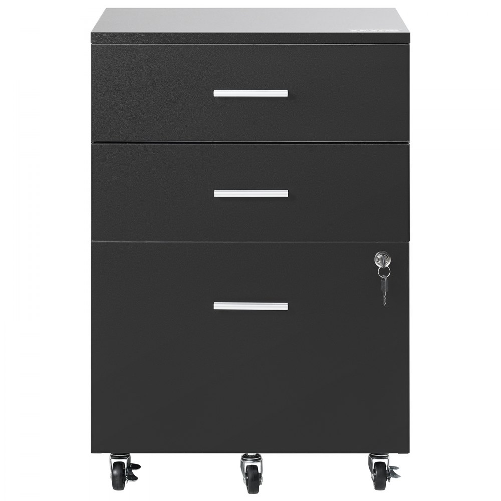 VEVOR 3-Drawer Wood File Cabinet, under Desk File Cabinet for Letter/A4 Size, Mobile Filing Cabinet Printer Stand with Lock and Hanging Rail for Home Office, Black