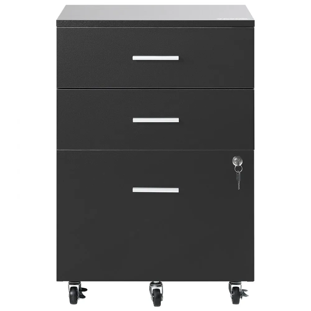 VEVOR File Cabinet, 3-Drawer Wood Filing Cabinet, Locking Office Cabinet for Letter/A4 Size, File Cabinet with 5 Wheels for Home Office, Black