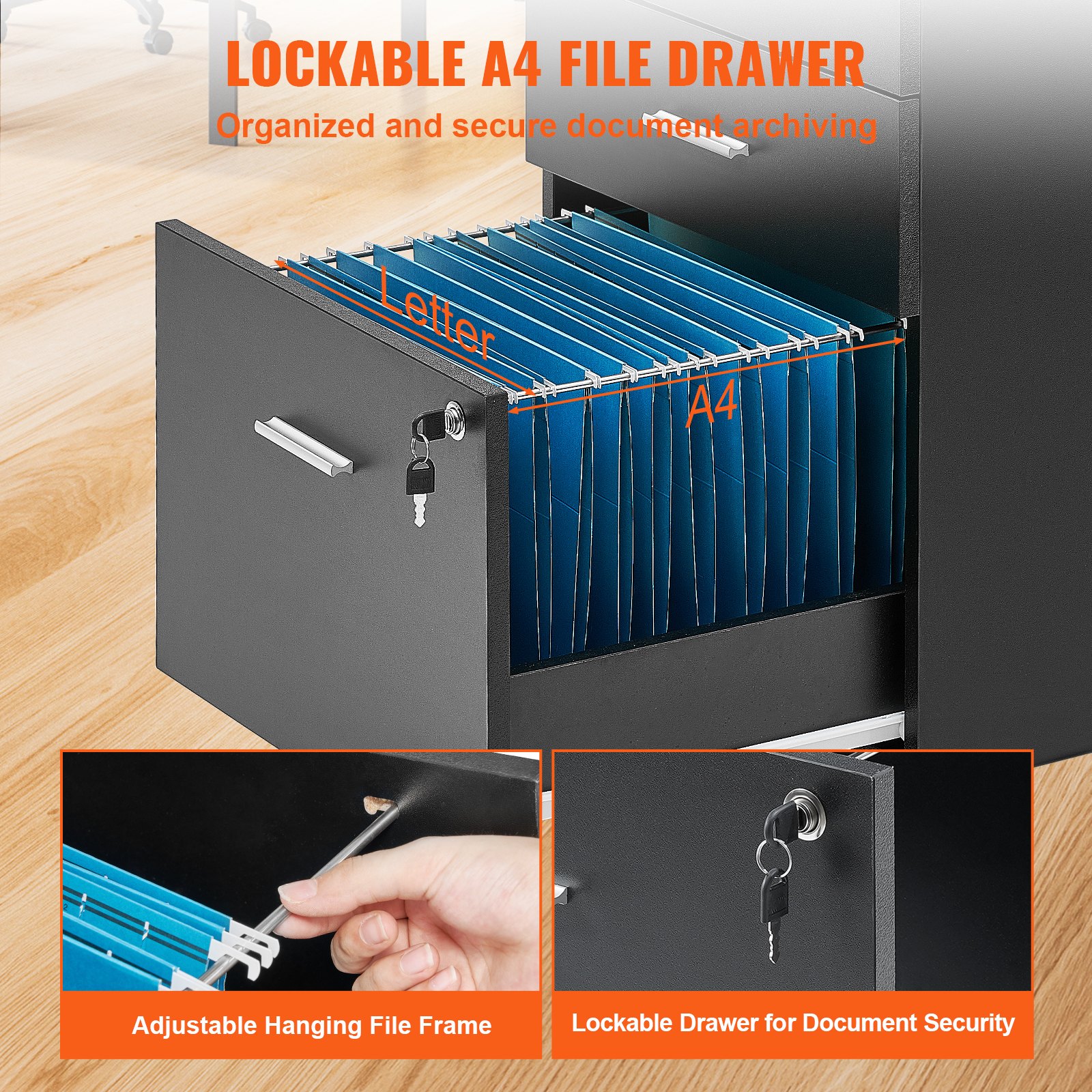 VEVOR 3-Drawer Wood File Cabinet, under Desk File Cabinet for Letter/A4 Size, Mobile Filing Cabinet Printer Stand with Lock and Hanging Rail for Home Office, Black