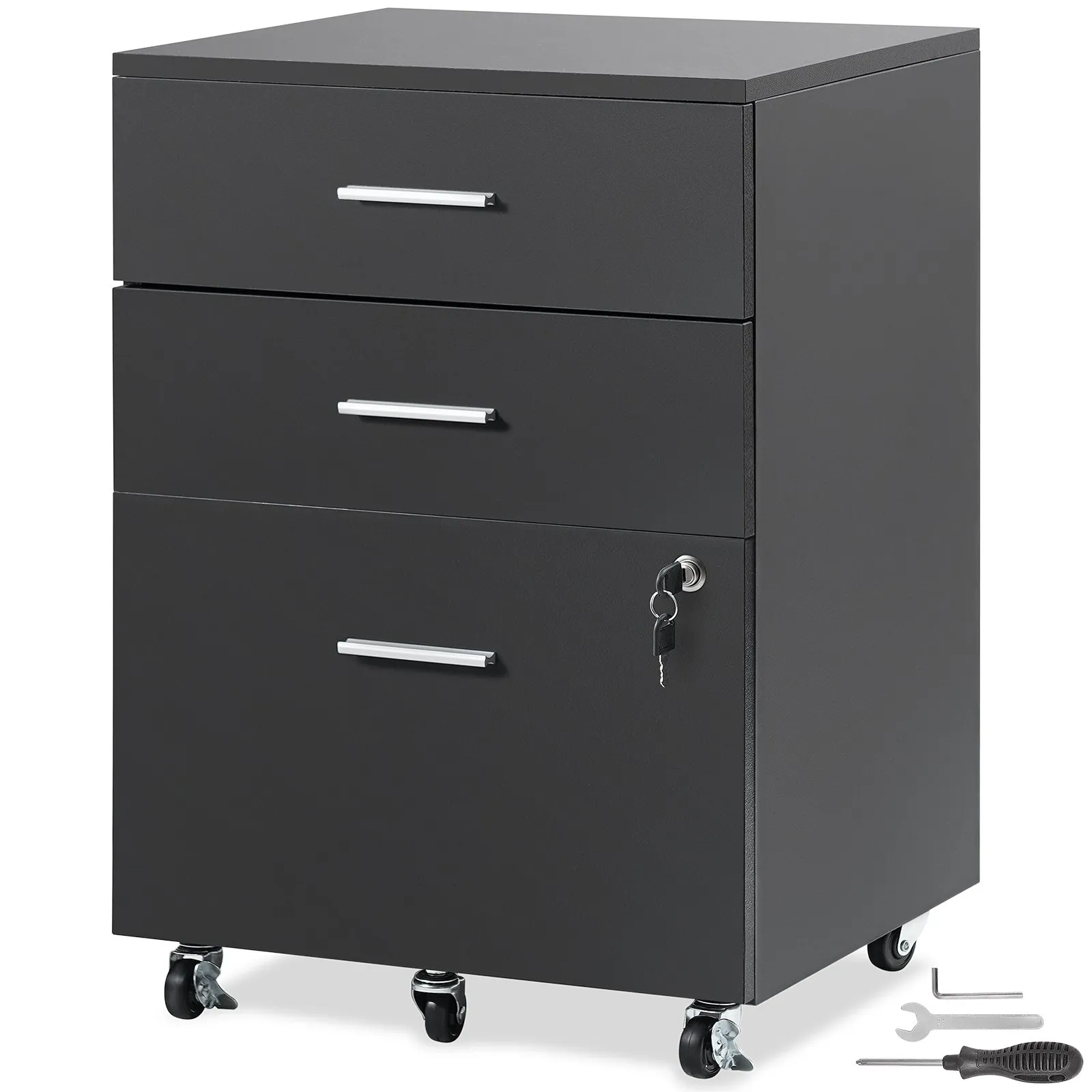 VEVOR File Cabinet, 3-Drawer Wood Filing Cabinet, Locking Office Cabinet for Letter/A4 Size, File Cabinet with 5 Wheels for Home Office, Black