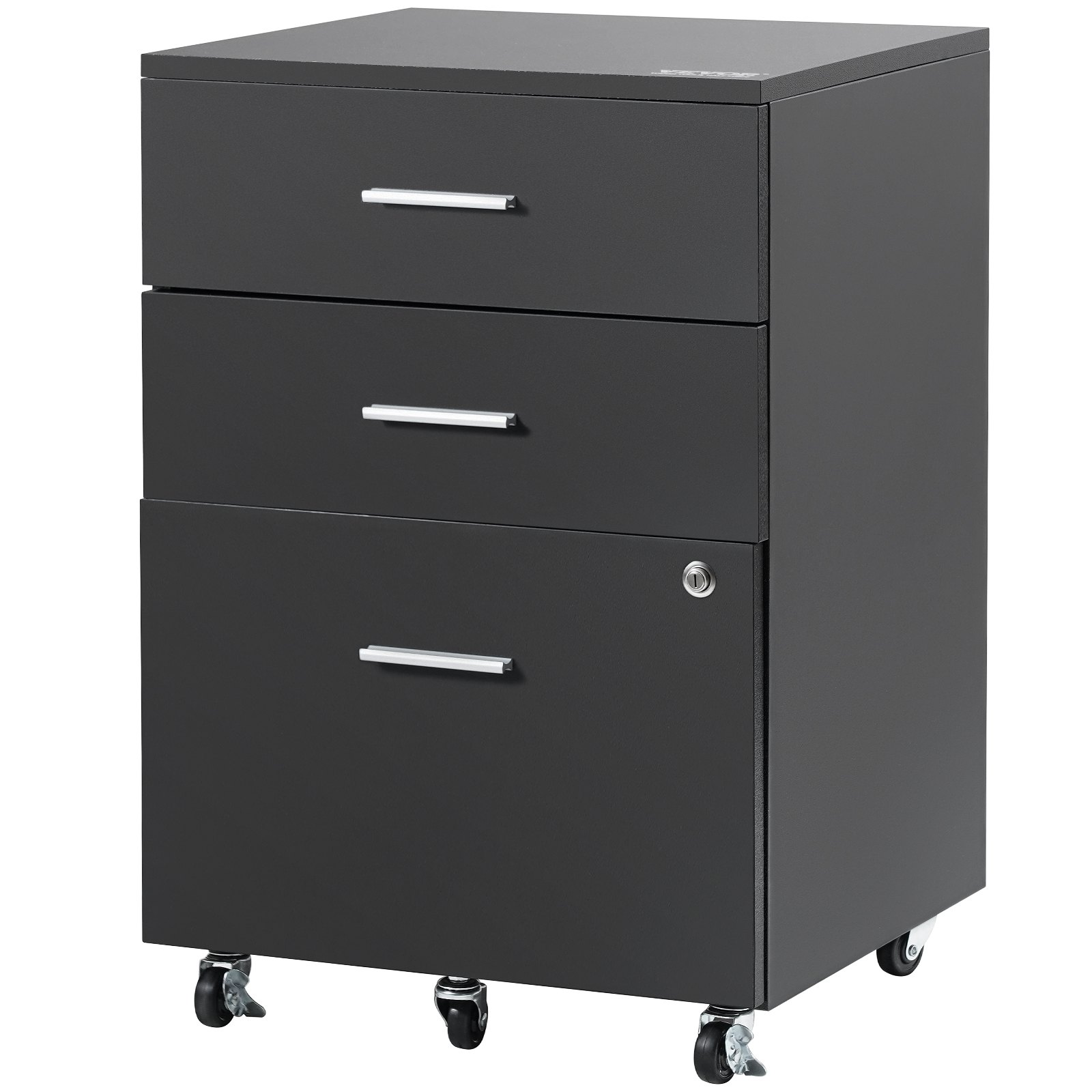 VEVOR 3-Drawer Wood File Cabinet, under Desk File Cabinet for Letter/A4 Size, Mobile Filing Cabinet Printer Stand with Lock and Hanging Rail for Home Office, Black