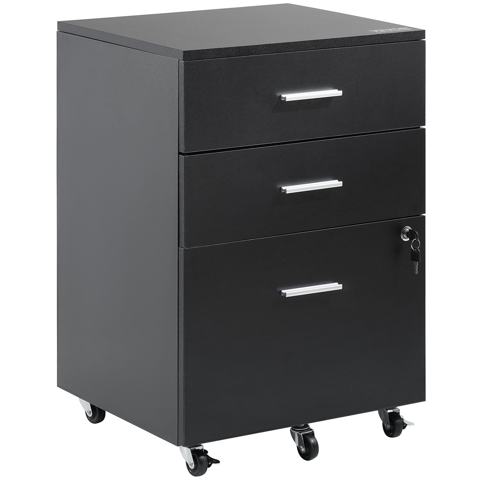 VEVOR 3-Drawer Wood File Cabinet, under Desk File Cabinet for Letter/A4 Size, Mobile Filing Cabinet Printer Stand with Lock and Hanging Rail for Home Office, Black