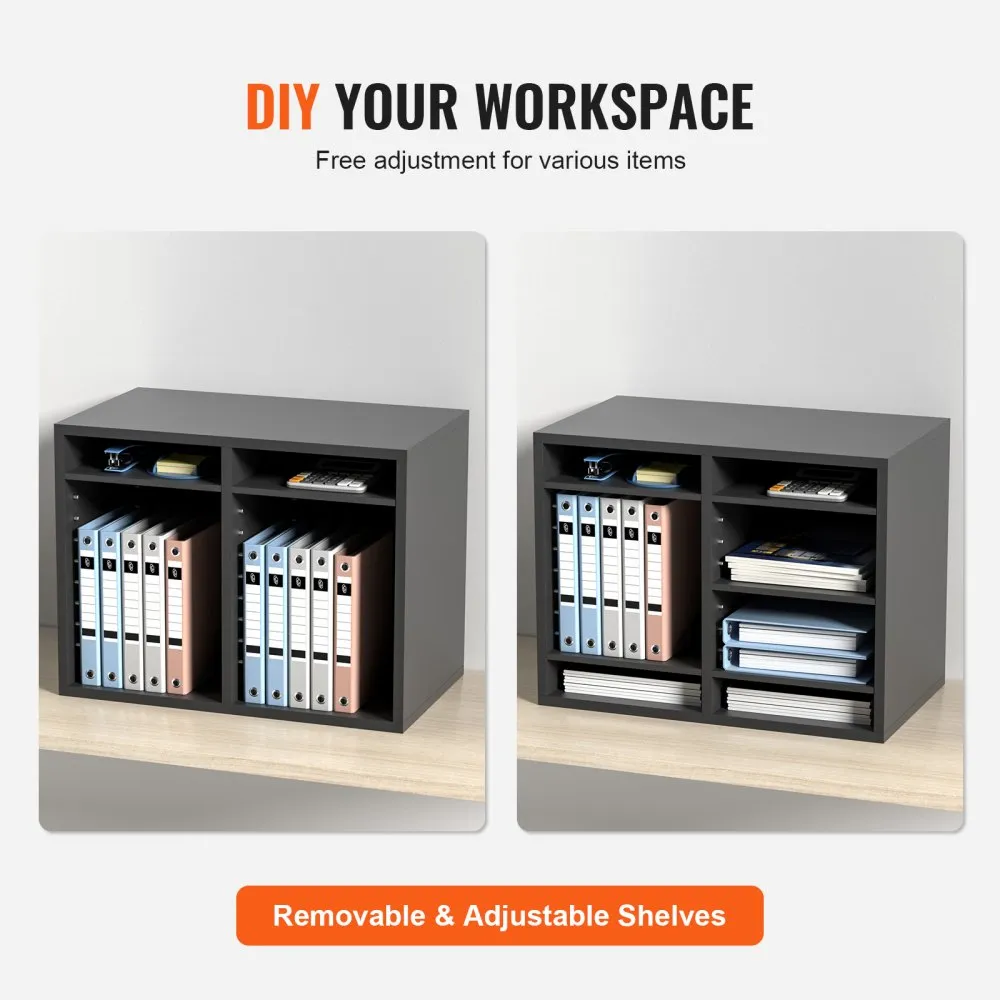 VEVOR literature organizers with removable adjustable shelves storing binders and office supplies.