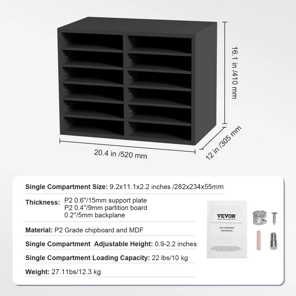 VEVOR literature organizers, 12 compartments, dimensions: 20.4&quot;x16.1&quot;x12&quot;, adjustable height.