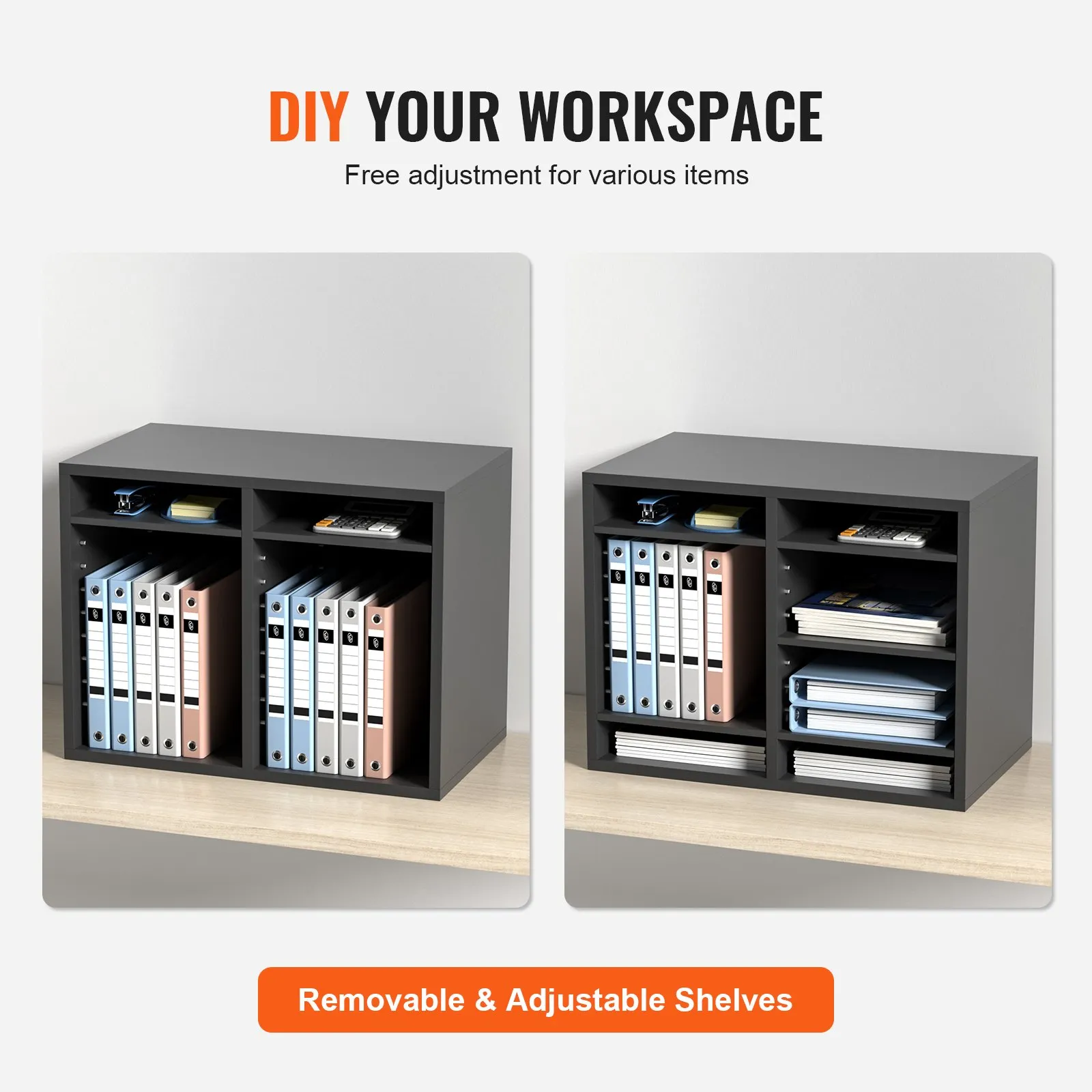 VEVOR literature organizers with removable adjustable shelves storing binders and office supplies.