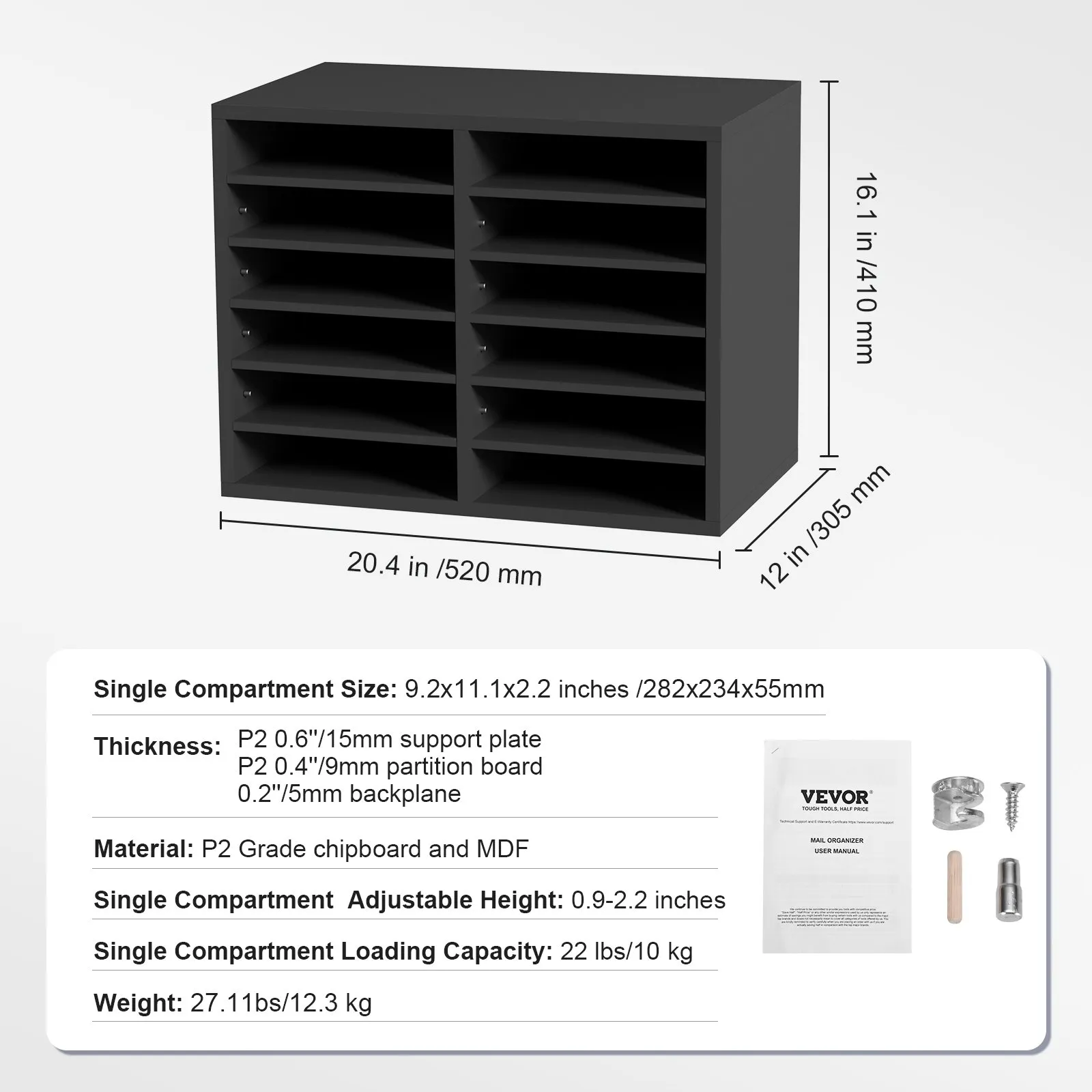 VEVOR literature organizers, 12 compartments, dimensions: 20.4&quot;x16.1&quot;x12&quot;, adjustable height.