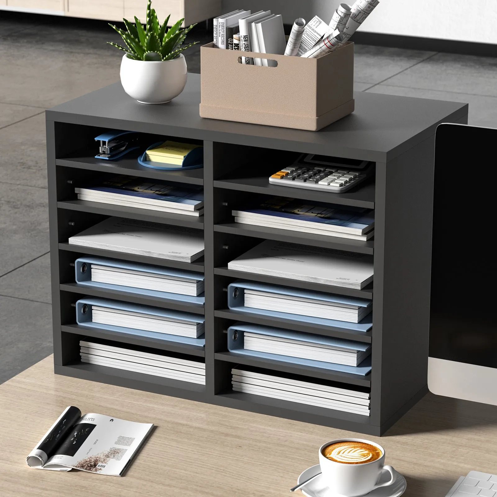VEVOR literature organizers neatly storing files, binders, and office supplies on a desk with a plant and a box.