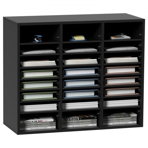 VEVOR Wood Literature Organizer, 24 Compartments, File Sorter with Removable Shelves, Mailboxes Slot for Office Home Classroom Mailrooms Organization, EPA Certified, Black