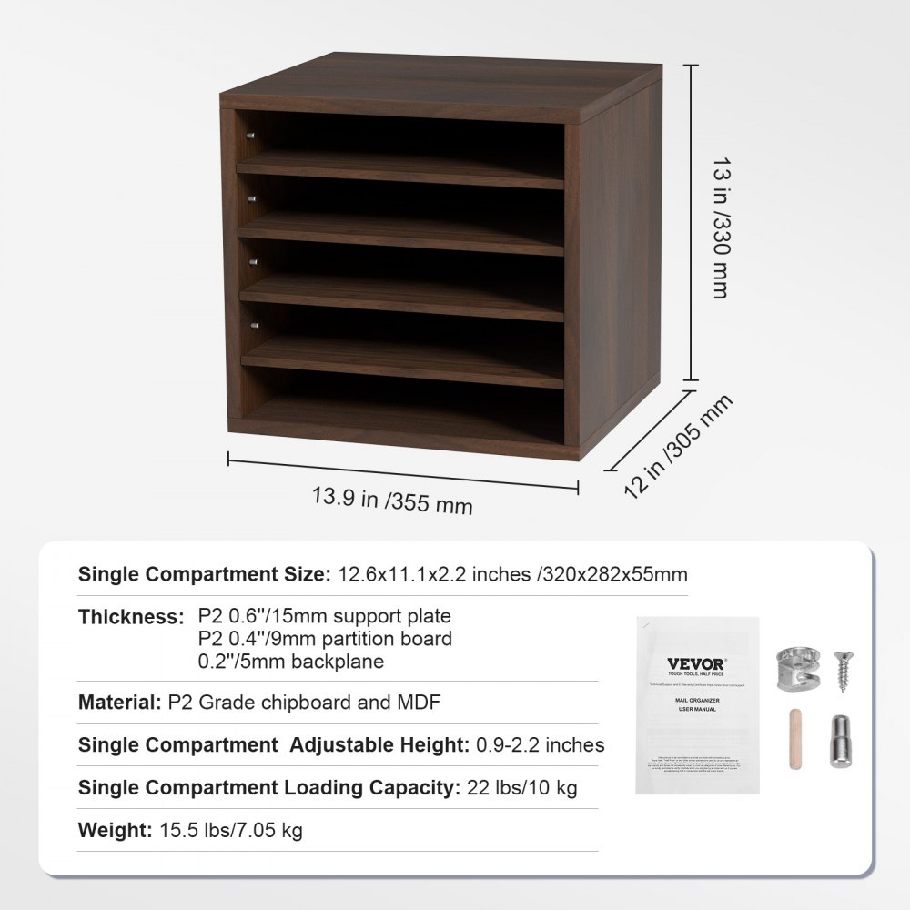 VEVOR Literature Organizers, 5 Compartments Office Mailbox with Adjustable Shelves, Wood literature sorter 13.9x12x13 inches for Office, Home, Classroom, Mailrooms Organization, EPA Certified, Brown