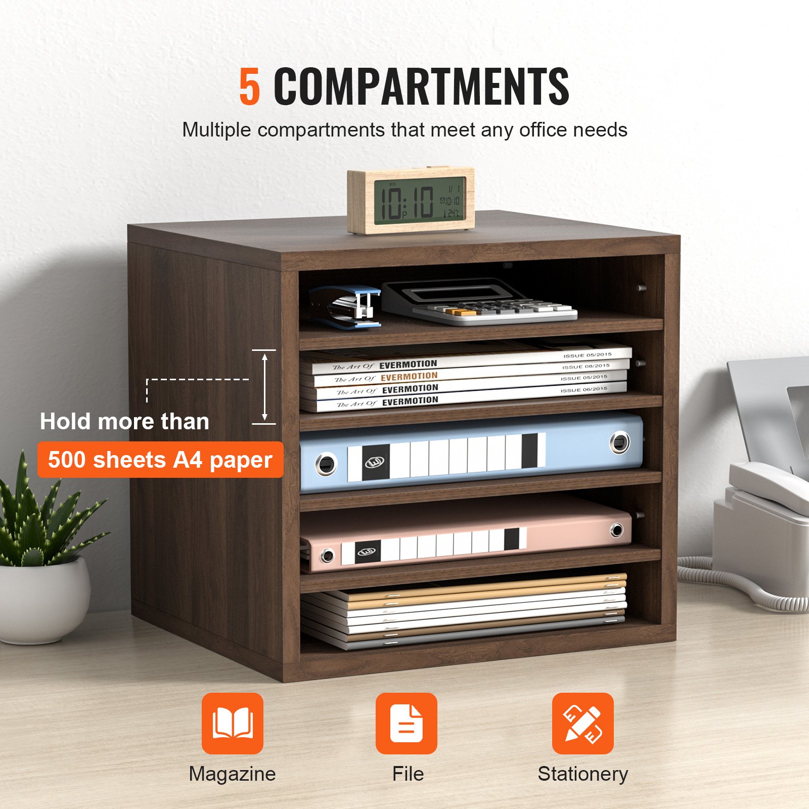 VEVOR Literature Organizers, 5 Compartments Office Mailbox with Adjustable Shelves, Wood literature sorter 13.9x12x13 inches for Office, Home, Classroom, Mailrooms Organization, EPA Certified, Brown