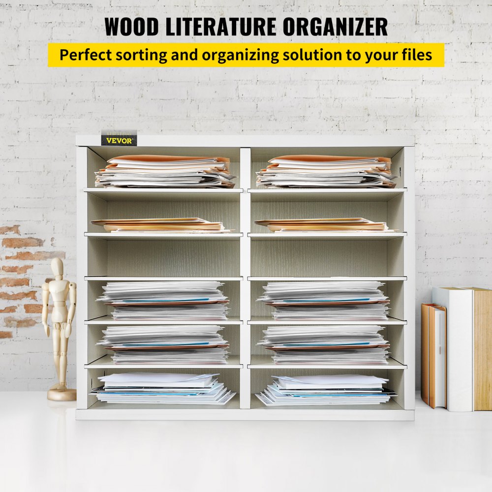 VEVOR Wood Literature Organizer File Sorter Paper Storage Holder 12 Slots  Wood