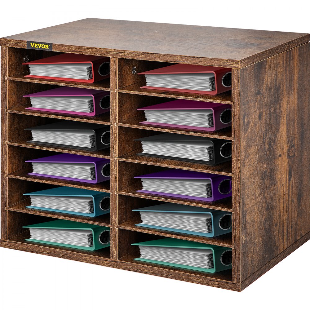 VEVOR literature organizer with 12 compartments, holding colorful folders and documents in a wooden finish.