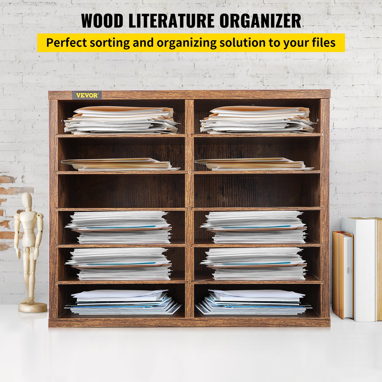 VEVOR Wood Literature Organizer File Sorter Paper Storage Holder 12 Slots Brown