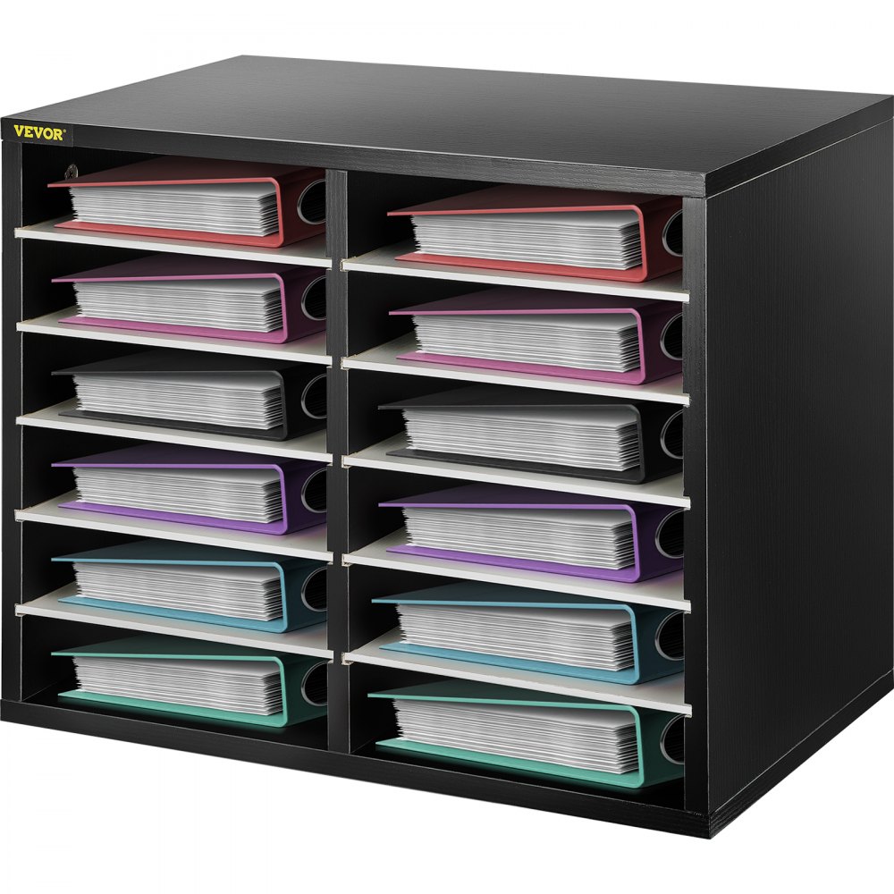 VEVOR literature organizer with twelve compartments filled with colorful binders and documents.