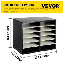 VEVOR 12 Compartments Wood Literature Organizer, Adjustable Shelves, Medium Density Fiberboard Mail Center, Office Home School Storage for Files, Documents, Papers, Magazines, Black+White