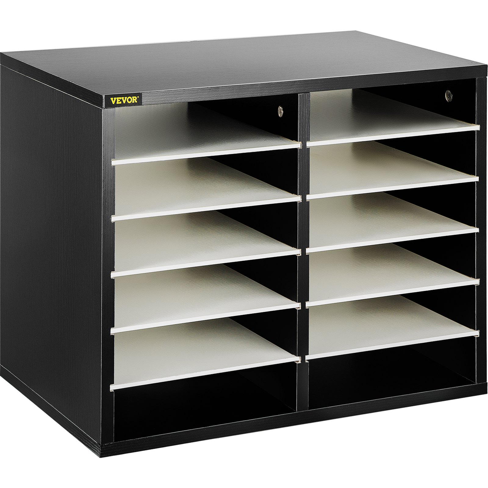 VEVOR 12 Compartments Wood Literature Organizer, Adjustable Shelves, Medium Density Fiberboard Mail Center, Office Home School Storage for Files, Documents, Papers, Magazines, Black+White