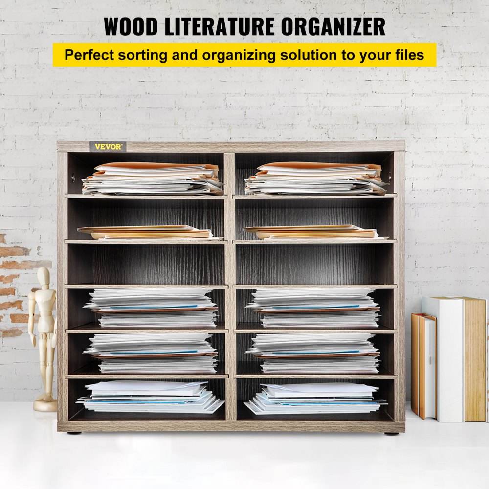 VEVOR Wood Literature Organizer, 12 Compartments, Adjustable Shelves, Medium Density Fiberboard Mail Center, Office Home School Storage for Files, Documents, Papers, Magazines, Grey