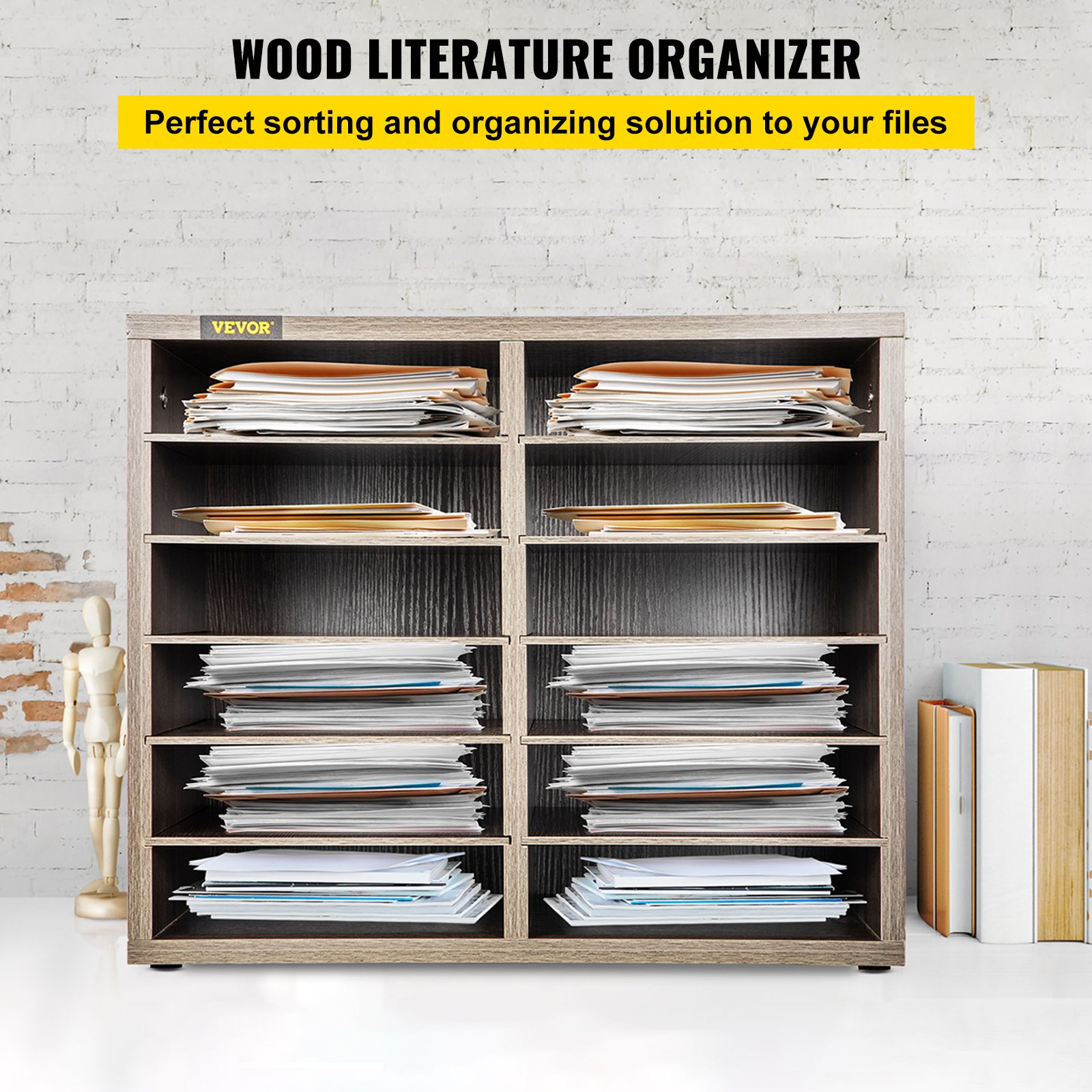 VEVOR Wood Literature Organizer, 12 Compartments, Adjustable Shelves, Medium Density Fiberboard Mail Center, Office Home School Storage for Files, Documents, Papers, Magazines, Grey