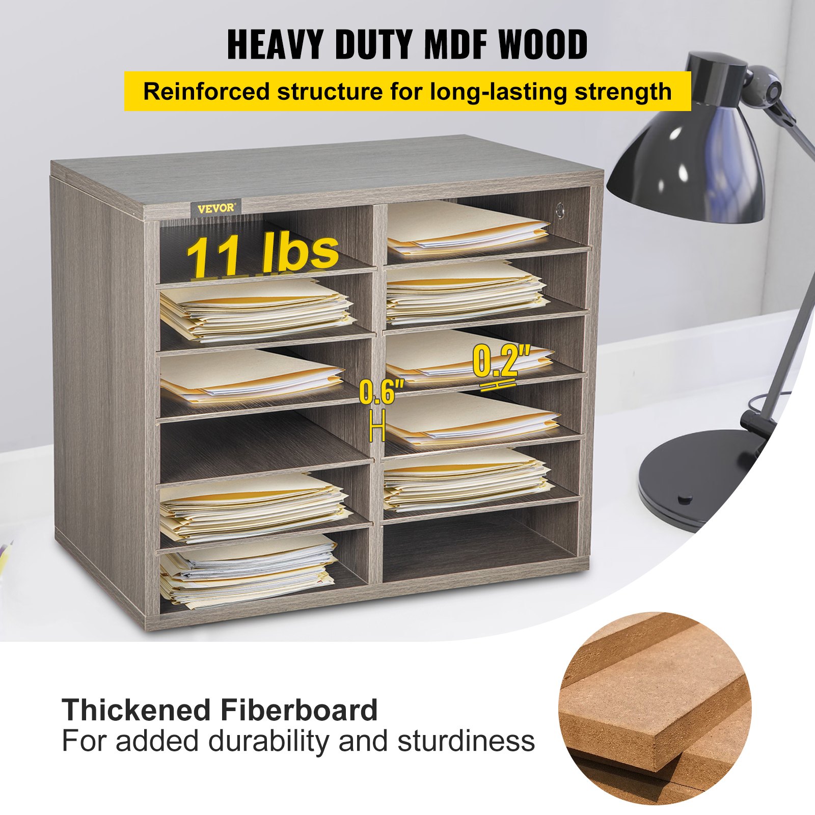 VEVOR Wood Literature Organizer, 12 Compartments, Adjustable Shelves, Medium Density Fiberboard Mail Center, Office Home School Storage for Files, Documents, Papers, Magazines, Grey