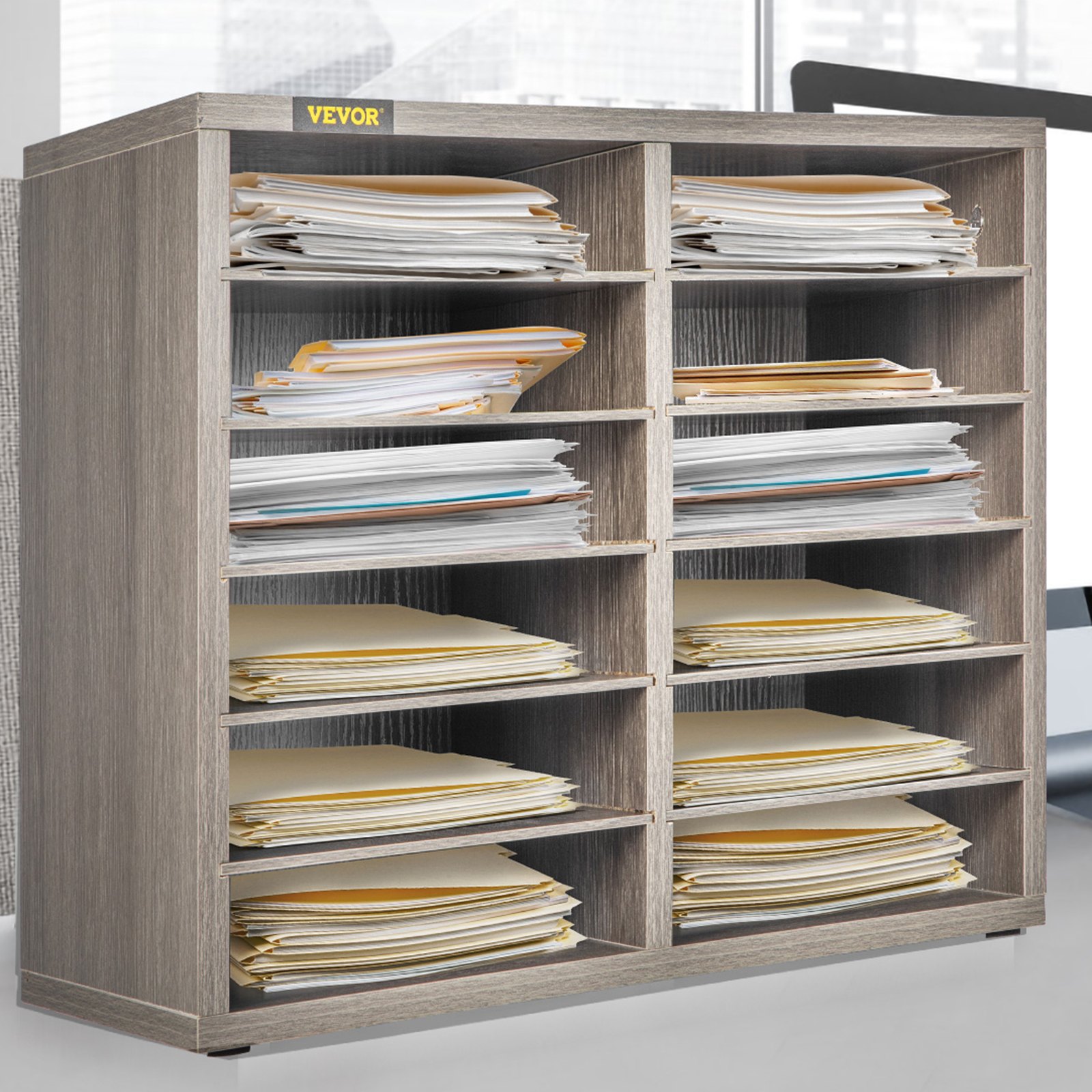 VEVOR Wood Literature Organizer, 12 Compartments, Adjustable Shelves, Medium Density Fiberboard Mail Center, Office Home School Storage for Files, Documents, Papers, Magazines, Grey