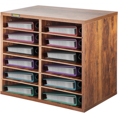VEVOR Wood Literature Organizer, 12 Compartments, Adjustable Shelves, Medium Density Fiberboard Mail Center, Office Home School Storage for Files, Documents, Papers, Magazines, Brown