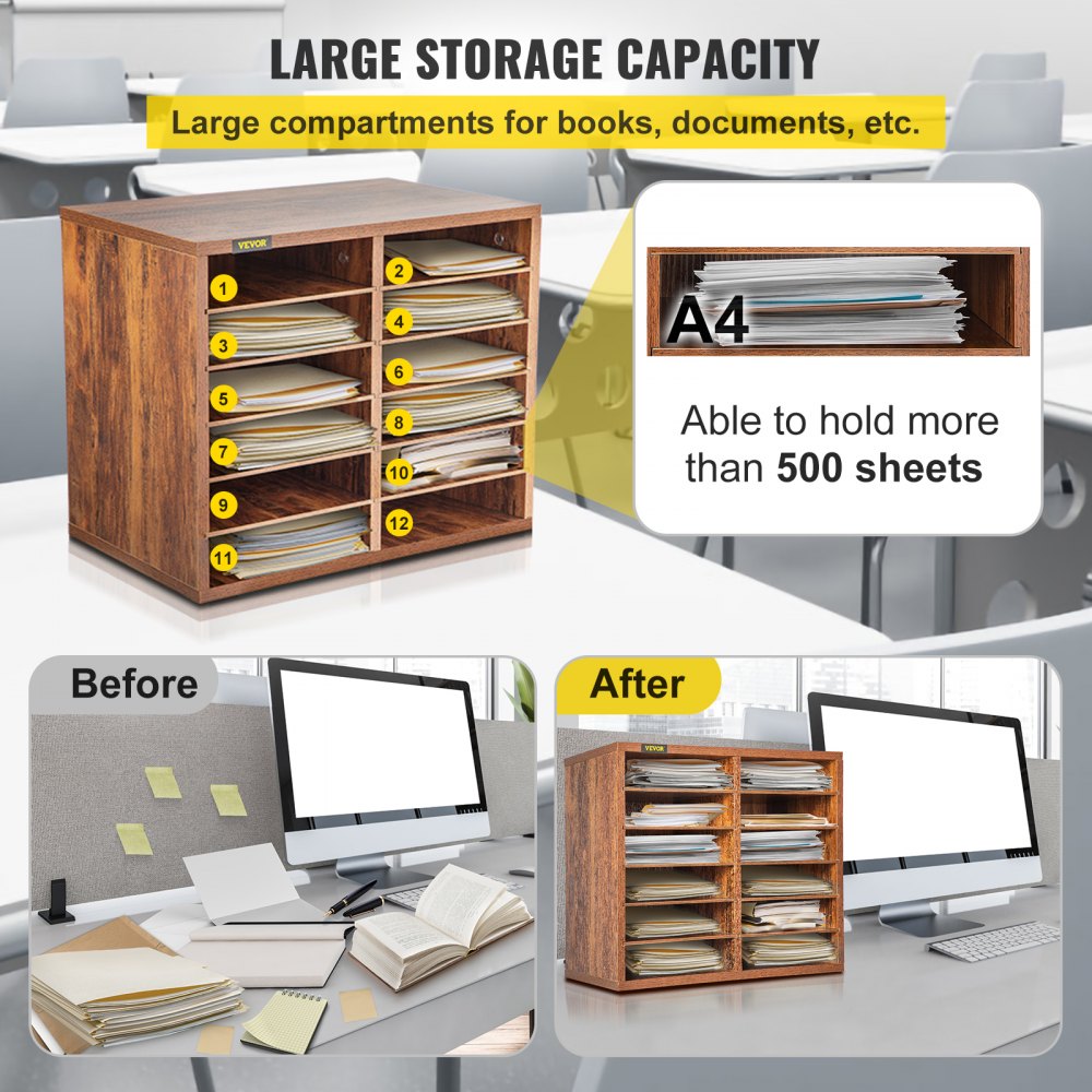 VEVOR Wood Literature Organizer File Sorter Paper Storage Holder 12 Slots Brown