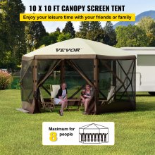 VEVOR Camping Gazebo Tent, 10'x10', 6 Sided Pop-up Canopy Screen Tent for 8 Person Camping, Waterproof Screen Shelter w/Portable Storage Bag, Ground Stakes, Mesh Windows, Brown & Beige