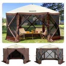 VEVOR Camping Gazebo Tent, 10'x10', 6 Sided Pop-up Canopy Screen Tent for 8 Person Camping, Waterproof Screen Shelter w/Portable Storage Bag, Ground Stakes, Mesh Windows, Brown & Beige