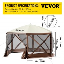 VEVOR Gazebo Screen-tält, 10 x 10 fot, 6-sidigt popup-campingskyddstält med nätfönster, bärbar bärväska, markstakar, stora skuggatält för utomhuscamping, gräsmatta och bakgård