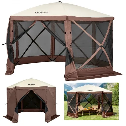 VEVOR Gazebo Screen Tent, 12 x 12 ft, 6 Sided Pop-up Camping Canopy Shelter Tent with Mesh Windows, Portable Carry Bag, Ground Stakes, Large Shade Tents for Outdoor Camping, Lawn and Backyard