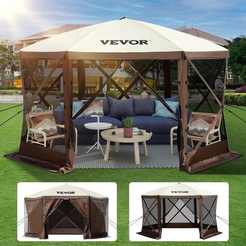 VEVOR Camping Gazebo Tent, 12'x12', 6 Sided Pop-up Canopy Screen Tent for 8 Person Camping, Waterproof Screen Shelter w/Portable Storage Bag, Ground Stakes, Mesh Windows, Brown & Beige