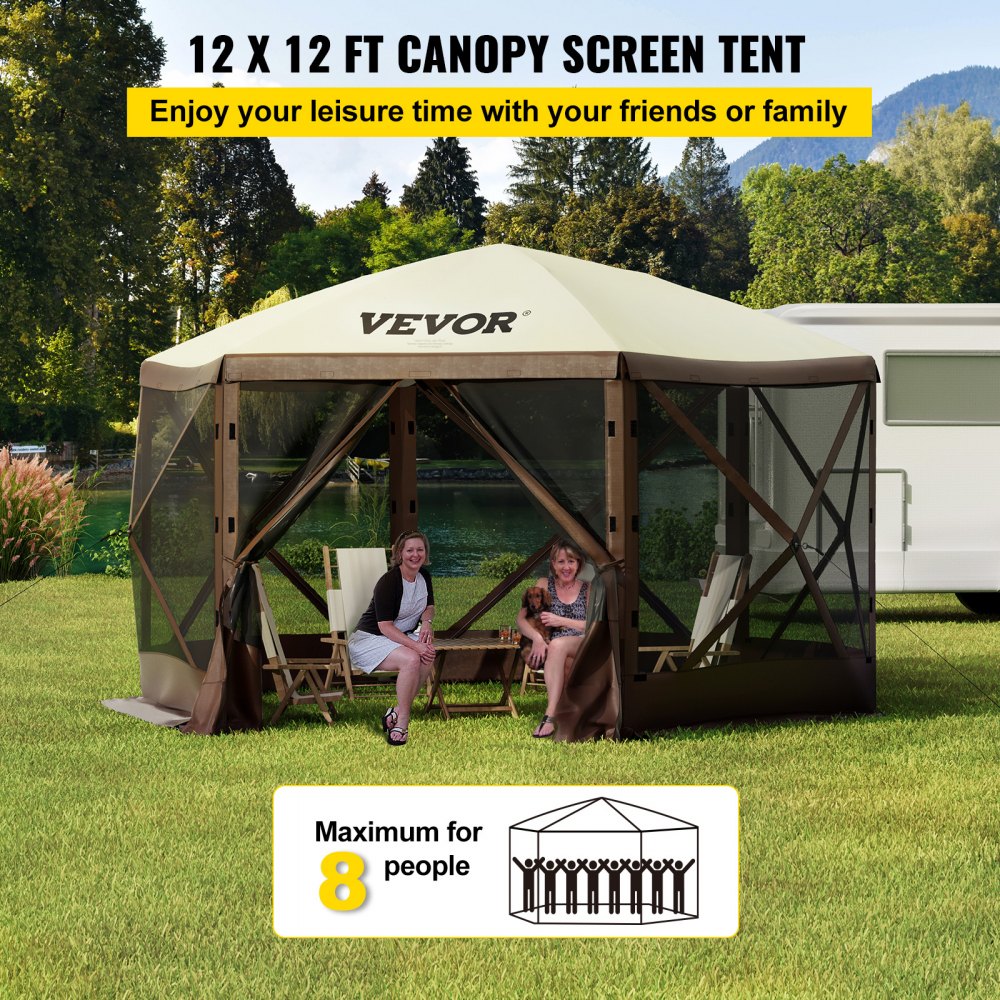 VEVOR Gazebo Screen Tent, 12 x 12 ft, 6 Sided Pop-up Camping Canopy Shelter Tent with Mesh Windows, Portable Carry Bag, Ground Stakes, Large Shade Tents for Outdoor Camping, Lawn and Backyard