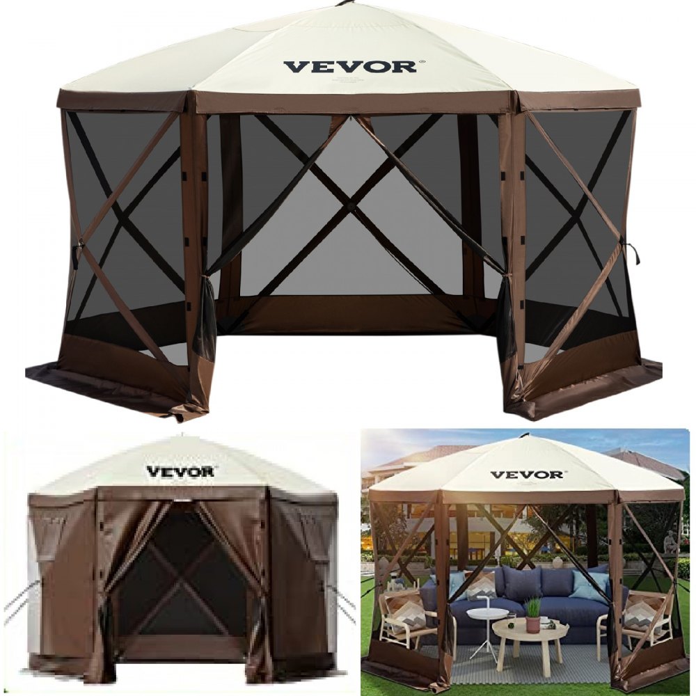 VEVOR Gazebo Screen Tent, 12 x 12 ft, 6 Sided Pop-up Camping Canopy Shelter Tent with Mesh Windows, Portable Carry Bag, Ground Stakes, Large Shade Tents for Outdoor Camping, Lawn and Backyard
